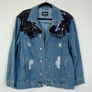 Bee & Ceci Denim Jacket with Blue Sequins – Size 2XL